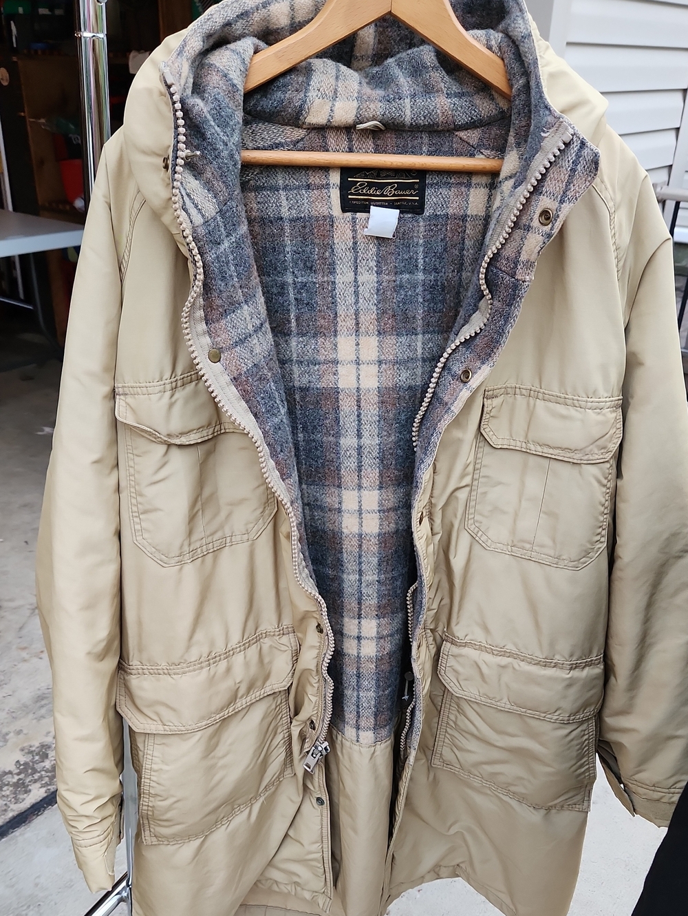 Eddie Bauer Tan Hooded Field Jacket with Plaid Lining